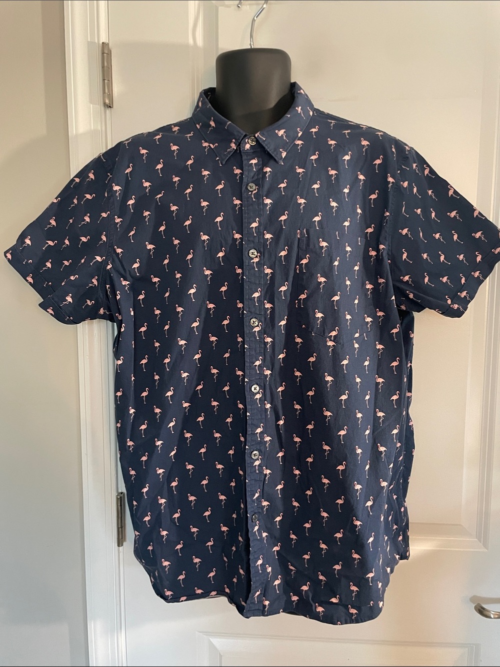 Men's Navy Short-Sleeve Button-Up Shirt with Pink Flamingo Print XXL Slim